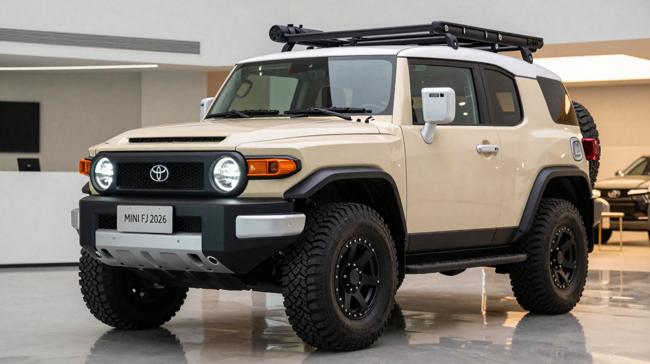 Toyota Mini FJ 2026 beige avec pneus tout-terrain, galerie de toit noire, exposée en intérieur moderne.
