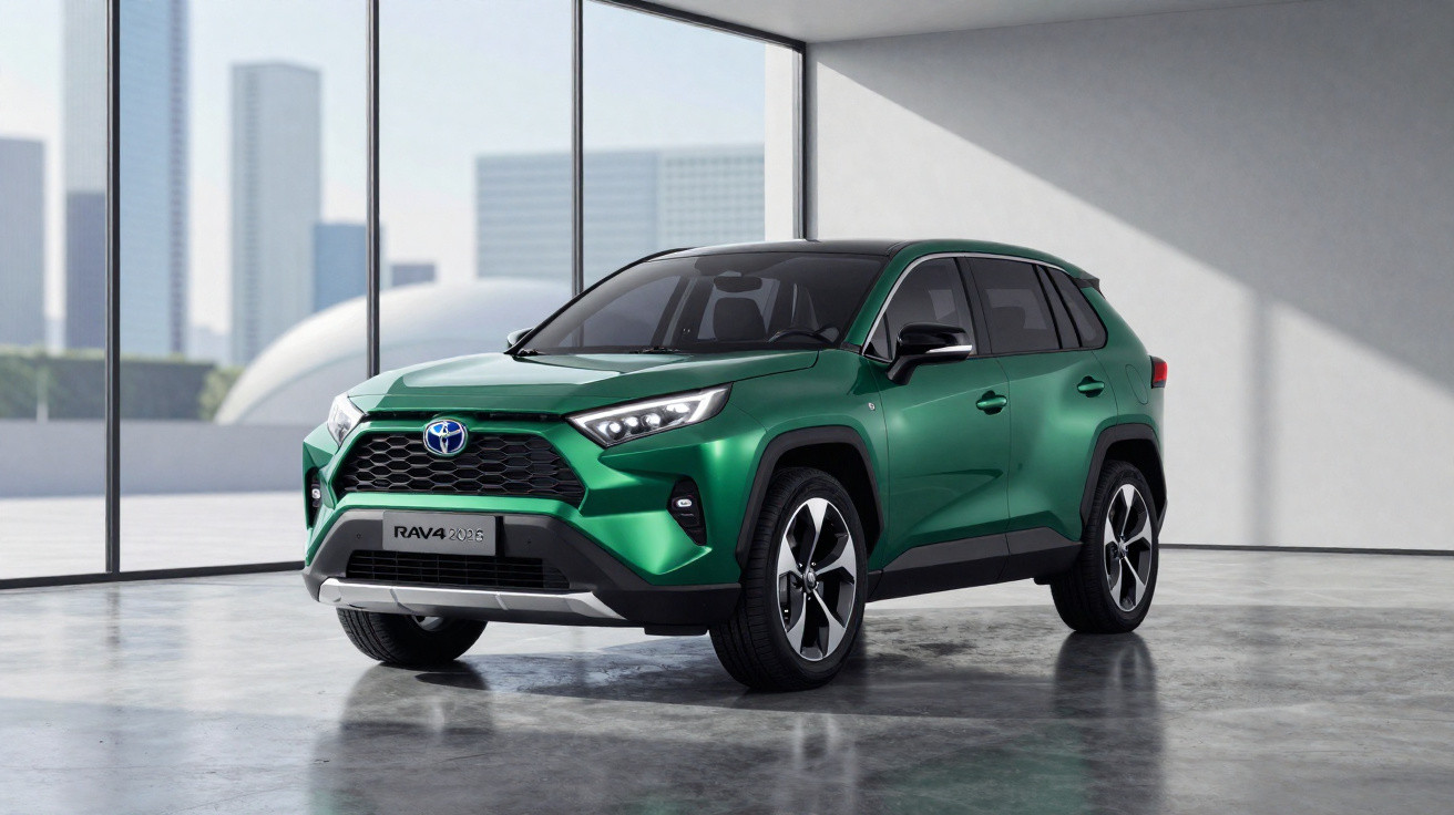 SUV Toyota RAV4 hybride vert foncé exposé dans un espace moderne avec grandes fenêtres.