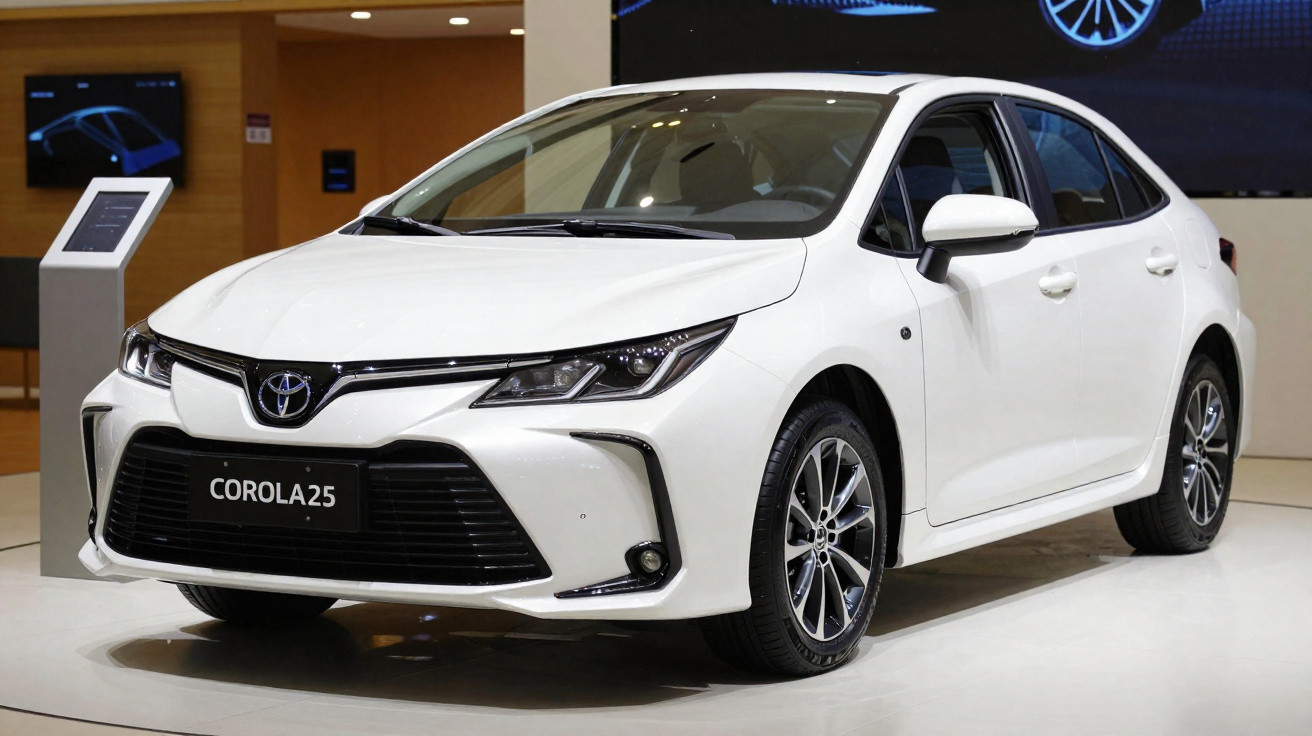 Voiture blanche Toyota Corolla 2025 exposée, vue avant droite sur fond intérieur.