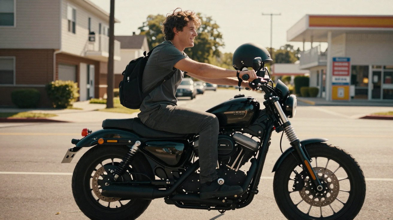 Jeune homme souriant avec un sac à dos conduisant une moto noire en ville par temps ensoleillé.