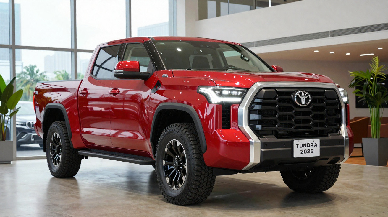 Pick-up Toyota Tundra rouge modèle 2026 exposé en intérieur, avec grandes roues tout-terrain et calandre noire.