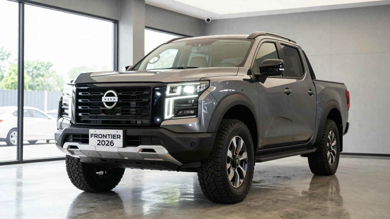 Pick-up Nissan Frontier 2026 gris exposé dans un showroom moderne avec grandes fenêtres.