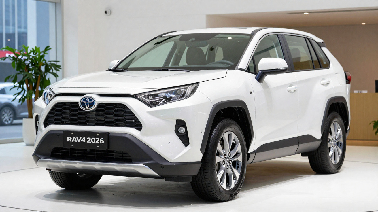 Toyota RAV4 2026 blanc exposé en intérieur, vue avant trois quarts, design moderne et robuste.