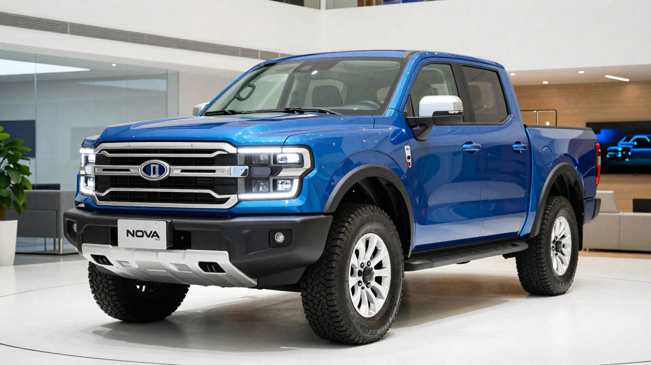 Pick-up bleu métallisé neuf exposé dans un showroom moderne et lumineux.