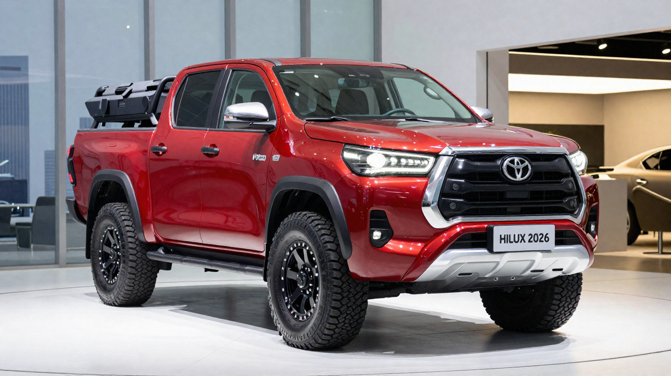 Pick-up Toyota Hilux rouge 2026 exposé en intérieur, vue avant trois quarts.