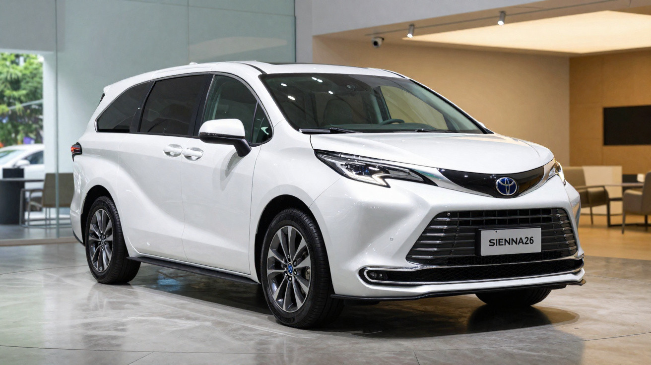 Monospace Toyota Sienna26 blanc exposé en intérieur avec sièges et fenêtres teintées.