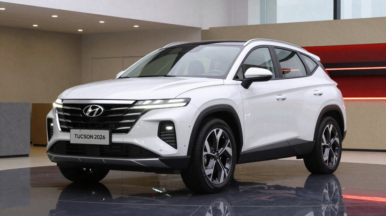 Hyundai Tucson 2026 blanc exposé dans un showroom moderne avec éclairage intérieur.