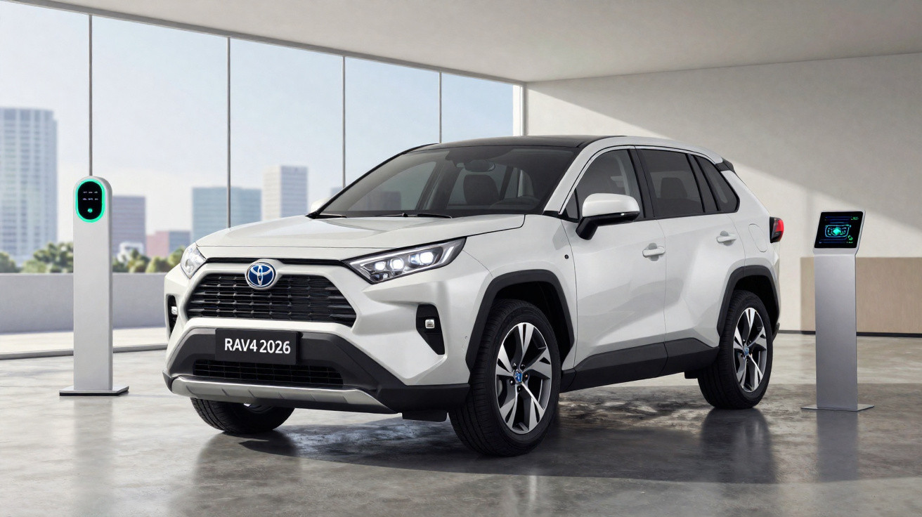 SUV Toyota RAV4 2026 blanc, stationné dans un espace moderne avec bornes de recharge électrique.
