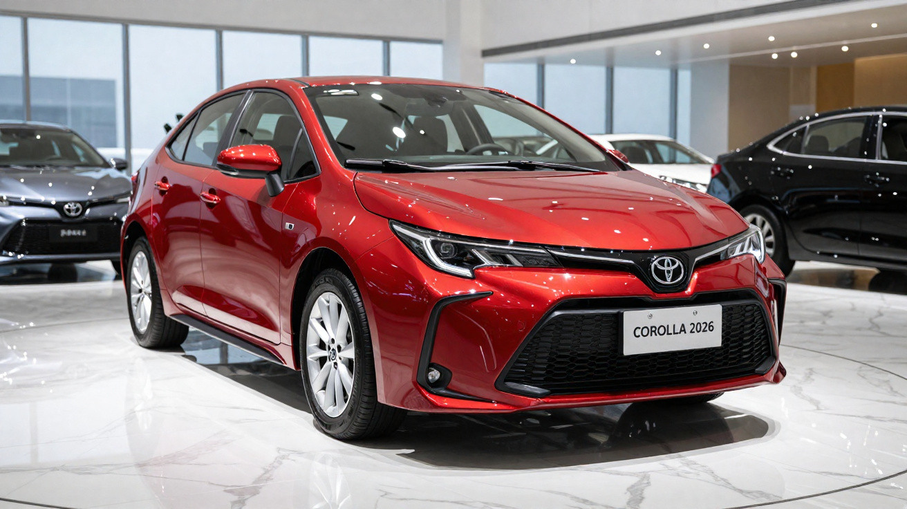 Voiture rouge Toyota Corolla 2026 exposée dans un showroom lumineux avec sol en marbre blanc.