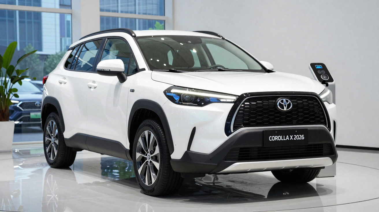 Véhicule Toyota Corolla Cross blanc 2026 en exposition, côté avant droit, intérieur showroom moderne.
