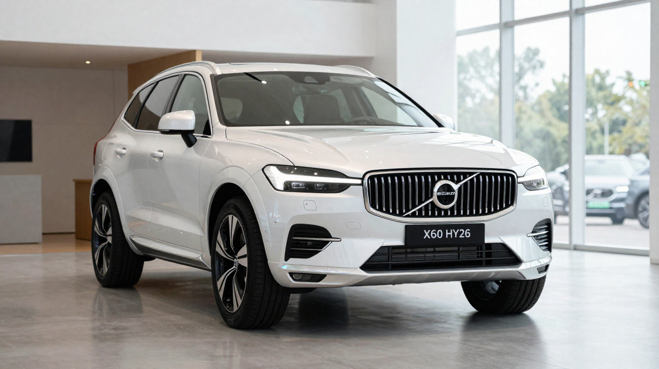 Voiture SUV Volvo blanche modèle X60 HY26 garée dans un showroom avec sol en béton et grandes fenêtres.