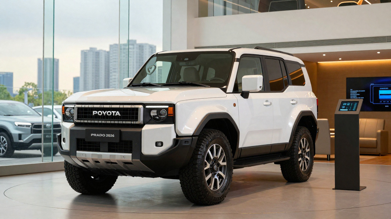 Véhicule Toyota Prado 2026 blanc exposé dans une salle moderne avec grandes fenêtres et mobilier contemporain.