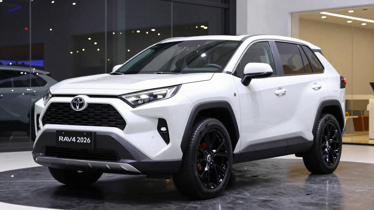 Toyota RAV4 2026 blanc, SUV moderne exposé en intérieur, roues noires et design angulaire.