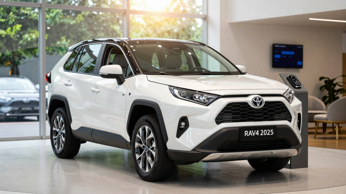 Toyota RAV4 2025 blanc exposé dans un showroom moderne avec lumière naturelle et mobilier contemporain.