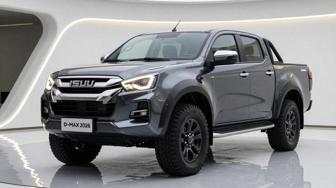 Pick-up Isuzu D-Max 2026 gris métallisé, double cabine, phares allumés, présenté en intérieur moderne.