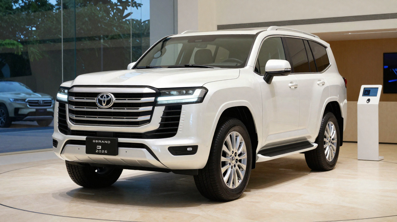 SUV blanc Toyota Grand 2026 exposé dans un showroom moderne avec éclairage intérieur.