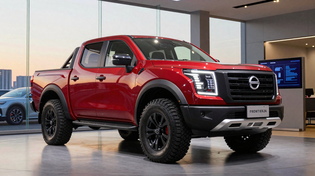 Pick-up rouge Nissan Frontier 2024 exposé dans un showroom moderne avec grandes fenêtres et éclairage intérieur.