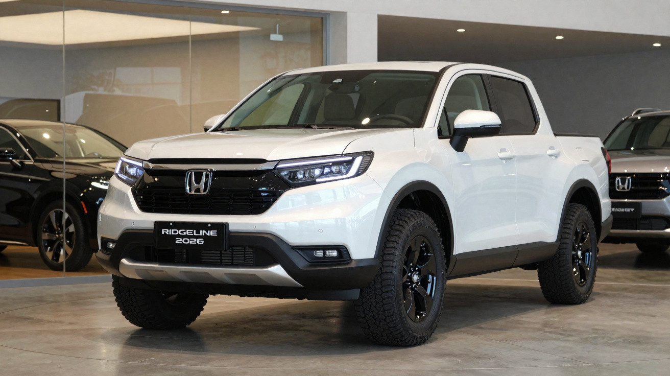 Pick-up Honda Ridgeline blanc 2026 exposé en concession automobile moderne.
