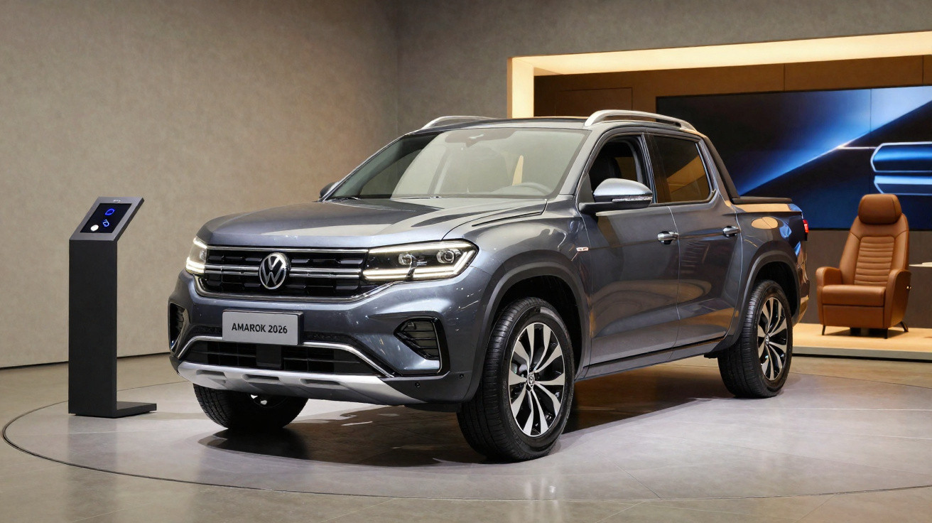 Pick-up Volkswagen Amarok 2026 gris exposé dans un showroom moderne avec un fauteuil en cuir en arrière-plan.