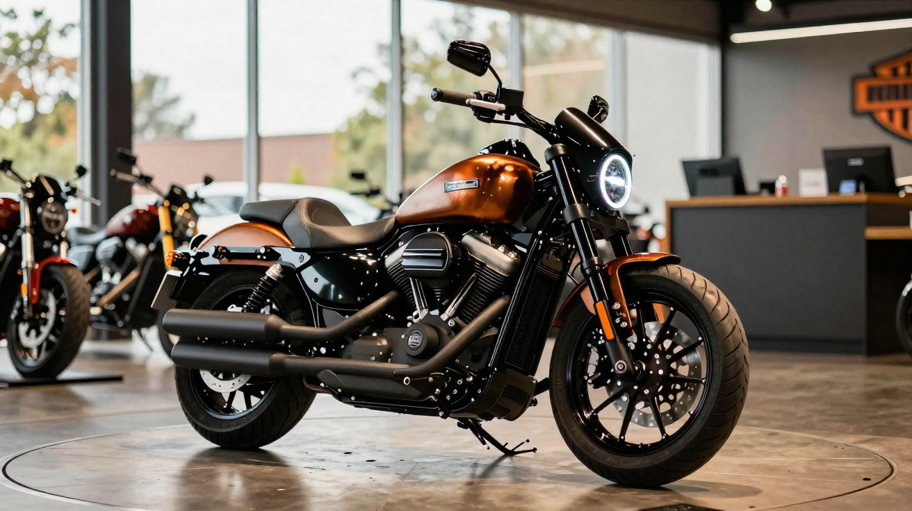 Moto custom noire et cuivre avec phare LED rond dans un showroom lumineux.