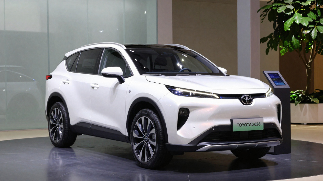 Toyota SUV électrique blanc exposé en intérieur avec éclairage moderne et plaque d'immatriculation "TOYOTA 2026".