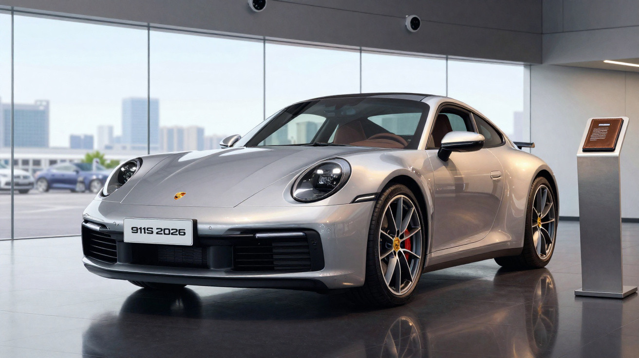 Voiture sportive Porsche 911S 2026 grise exposée dans un showroom moderne avec grandes baies vitrées.