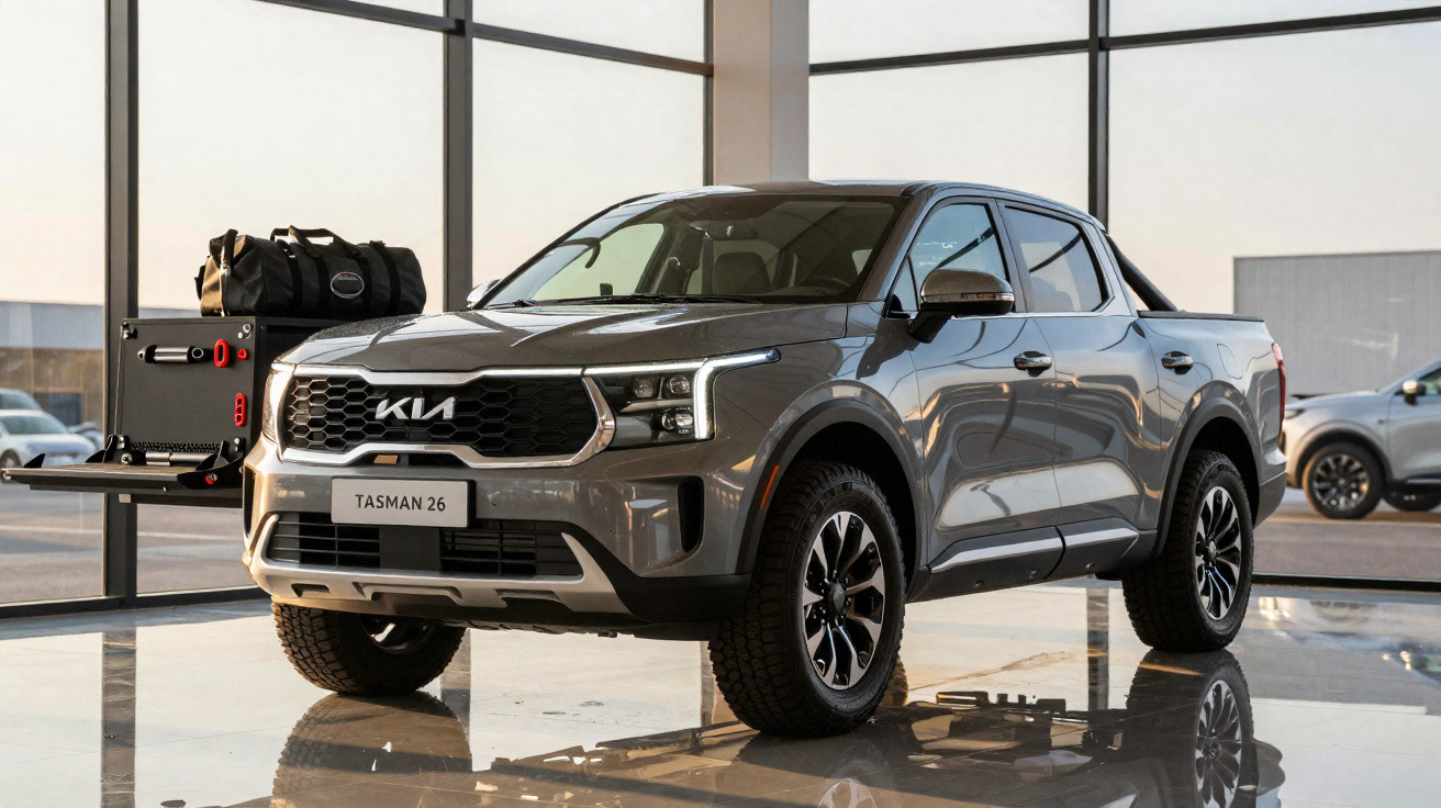 Pick-up Kia Tasman 26 gris exposé dans un showroom moderne avec des bagages sur la benne.