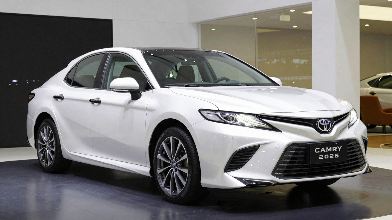 Voiture berline blanche Toyota Camry 2026 exposée en intérieur avec éclairage moderne et design élégant.