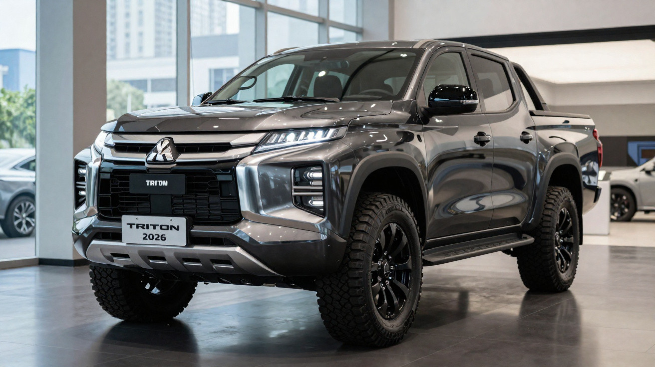 Pick-up Mitsubishi Triton 2026 gris métallisé exposé en showroom moderne.