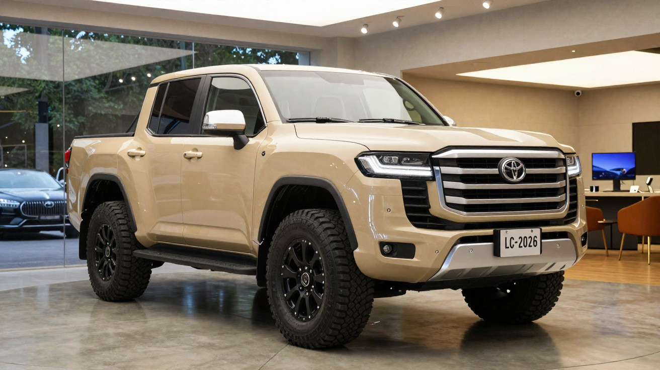 Pick-up beige Toyota Tundra dans un showroom moderne avec sol en béton poli et meubles design.