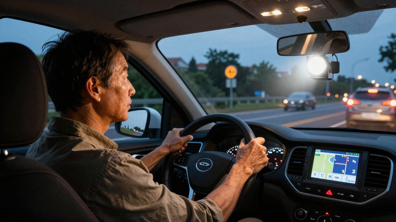 Homme conduisant une voiture le soir avec GPS allumé et circulation sur la route devant lui.