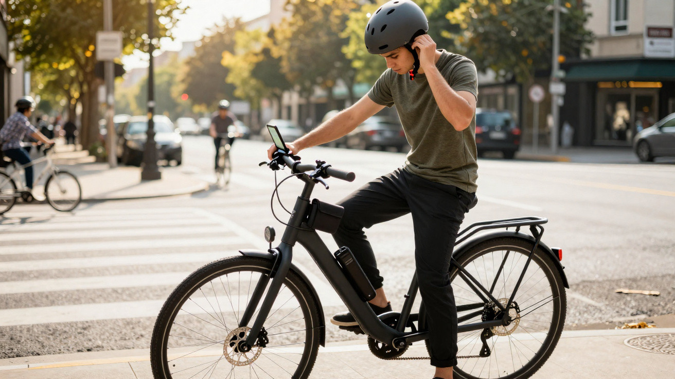 Jeune homme avec casque ajustant son écouteur sur un vélo électrique noir en ville au lever du soleil.