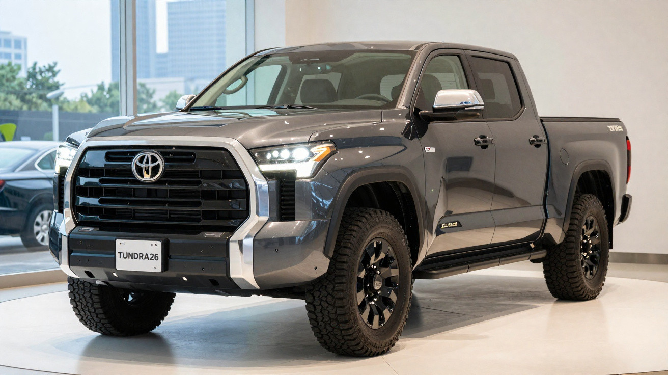 Pick-up Toyota Tundra gris exposé en intérieur dans un showroom moderne avec grandes fenêtres.