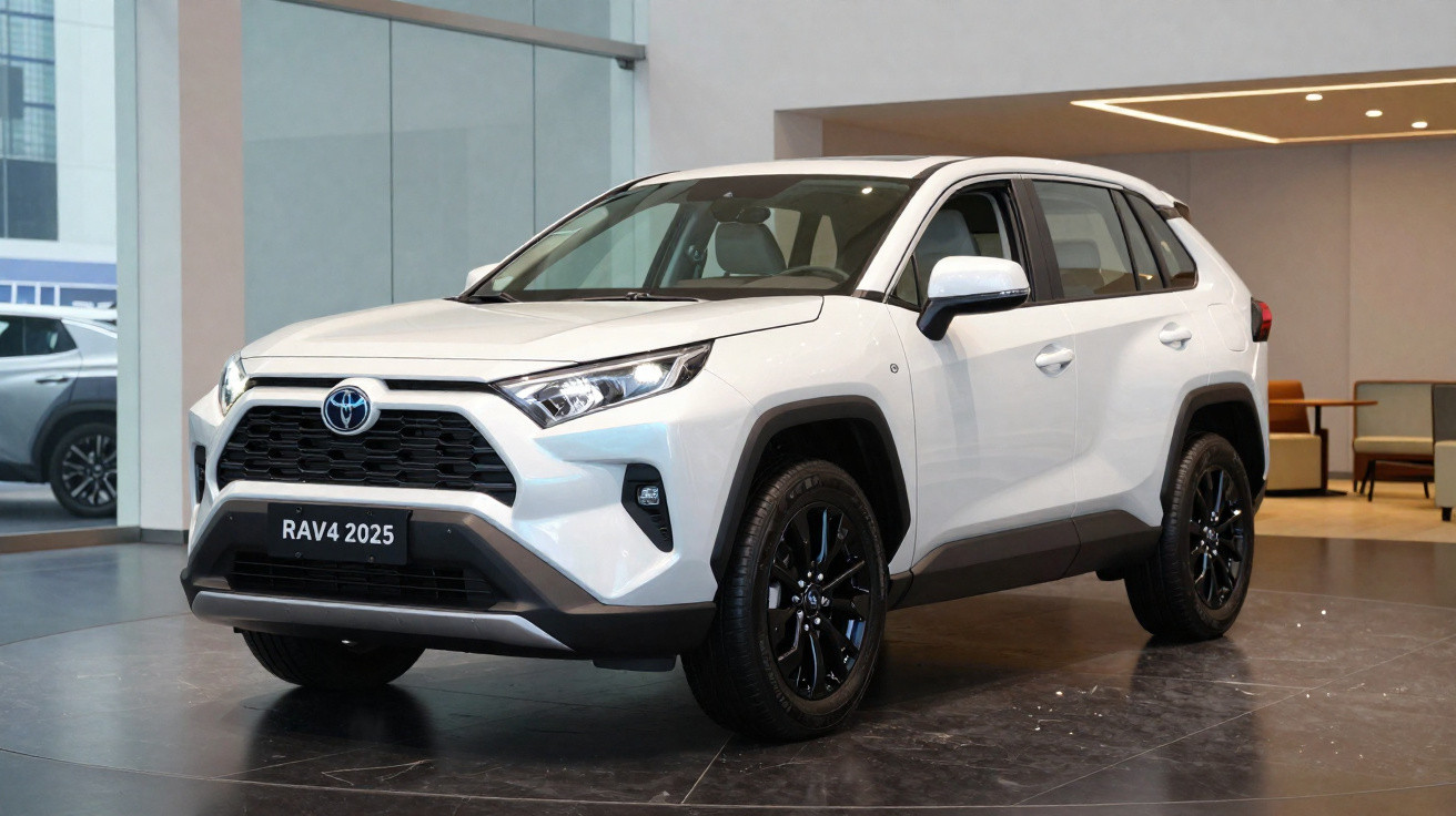 Toyota RAV4 blanc 2025 exposé en intérieur avec jantes noires et design moderne.