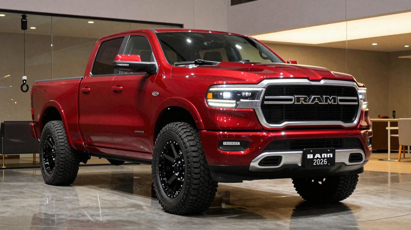 Pick-up rouge RAM 2026 exposé en intérieur avec phares allumés et pneus tout-terrain.