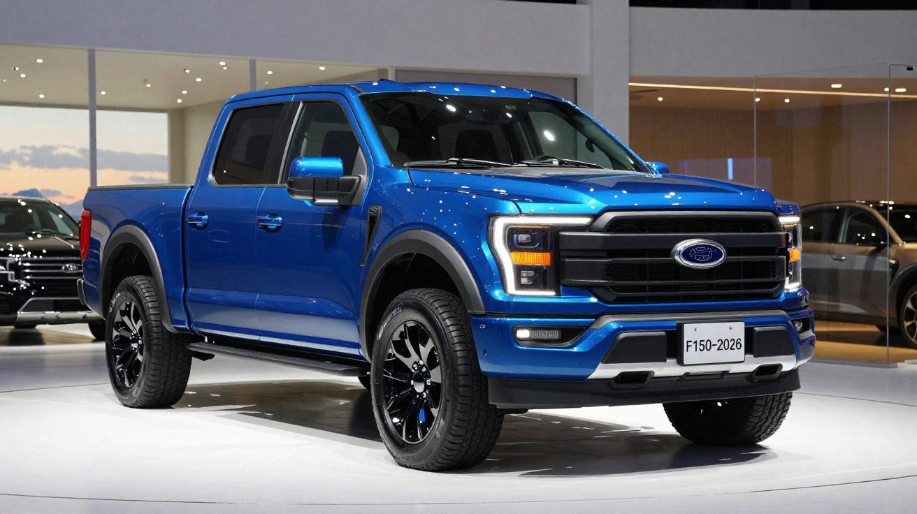 Pick-up Ford F-150 bleu exposé en salle avec des phares LED et des jantes noires.