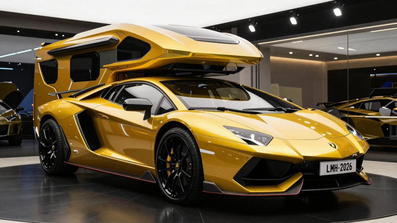 Voiture de sport Lamborghini dorée avec toit relevé transformé en structure de camping, exposée en intérieur.