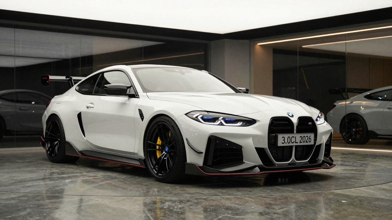 Voiture sportive BMW blanche avec phares allumés et jantes noires dans un garage moderne.