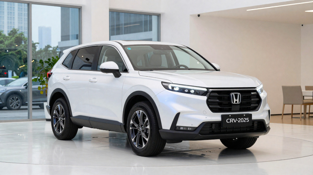 SUV blanc Honda CRV 2025 exposé dans un showroom moderne avec grandes fenêtres et mobilier épuré.