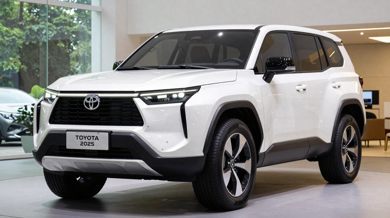 SUV Toyota blanc moderne exposé en intérieur avec plaque d’immatriculation affichant « Toyota 2025 ».