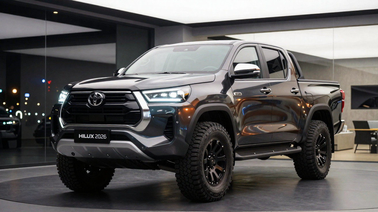 Pick-up Toyota Hilux 2026 noir brillant exposé dans un showroom moderne avec éclairage LED.