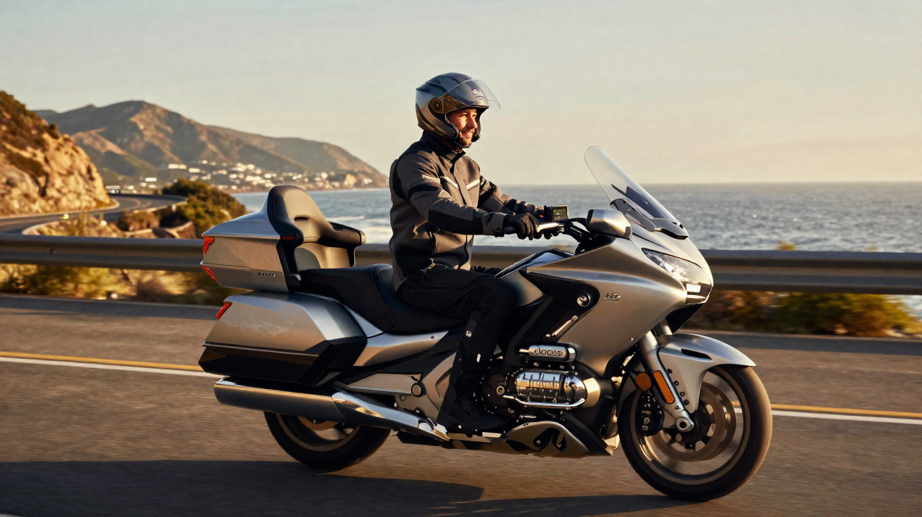 Homme en casque conduisant une moto grise sur une route côtière au coucher du soleil.