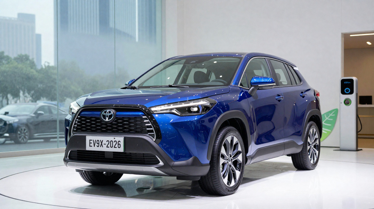 SUV électrique Toyota bleu exposé en intérieur avec borne de recharge visible à droite.