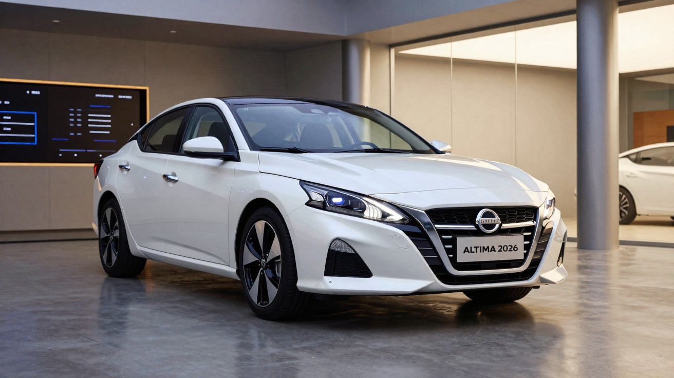 Voiture berline blanche Nissan Altima 2026 dans un showroom moderne avec éclairage doux.