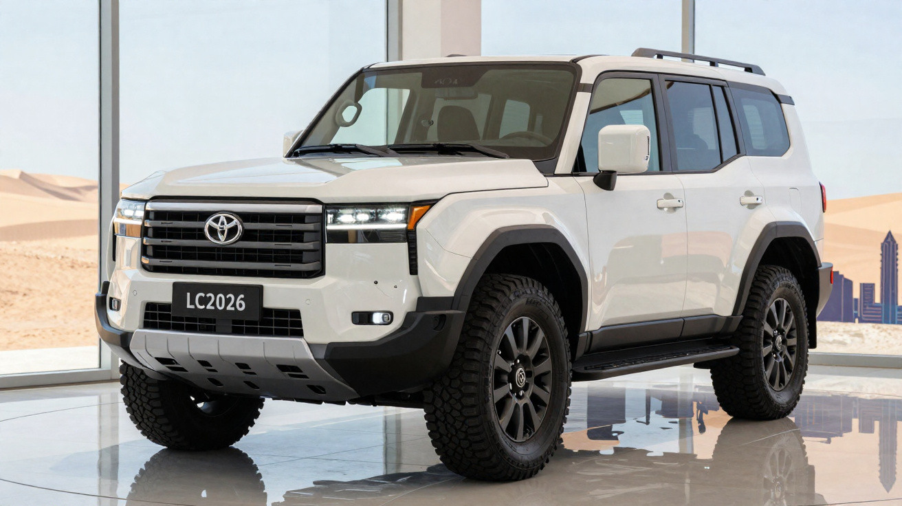 SUV Toyota Land Cruiser blanc avec plaques LC2026 exposition intérieure brillante vue angle avant droit.