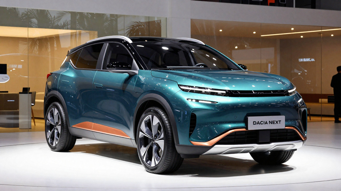 SUV électrique bleu métallisé Dacia Next exposé en intérieur avec éclairage moderne.