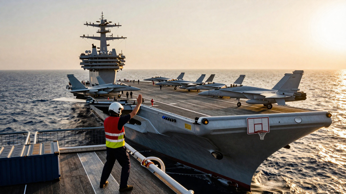 Porte-avions en mer au coucher du soleil avec plusieurs avions de chasse alignés sur le pont d’envol.