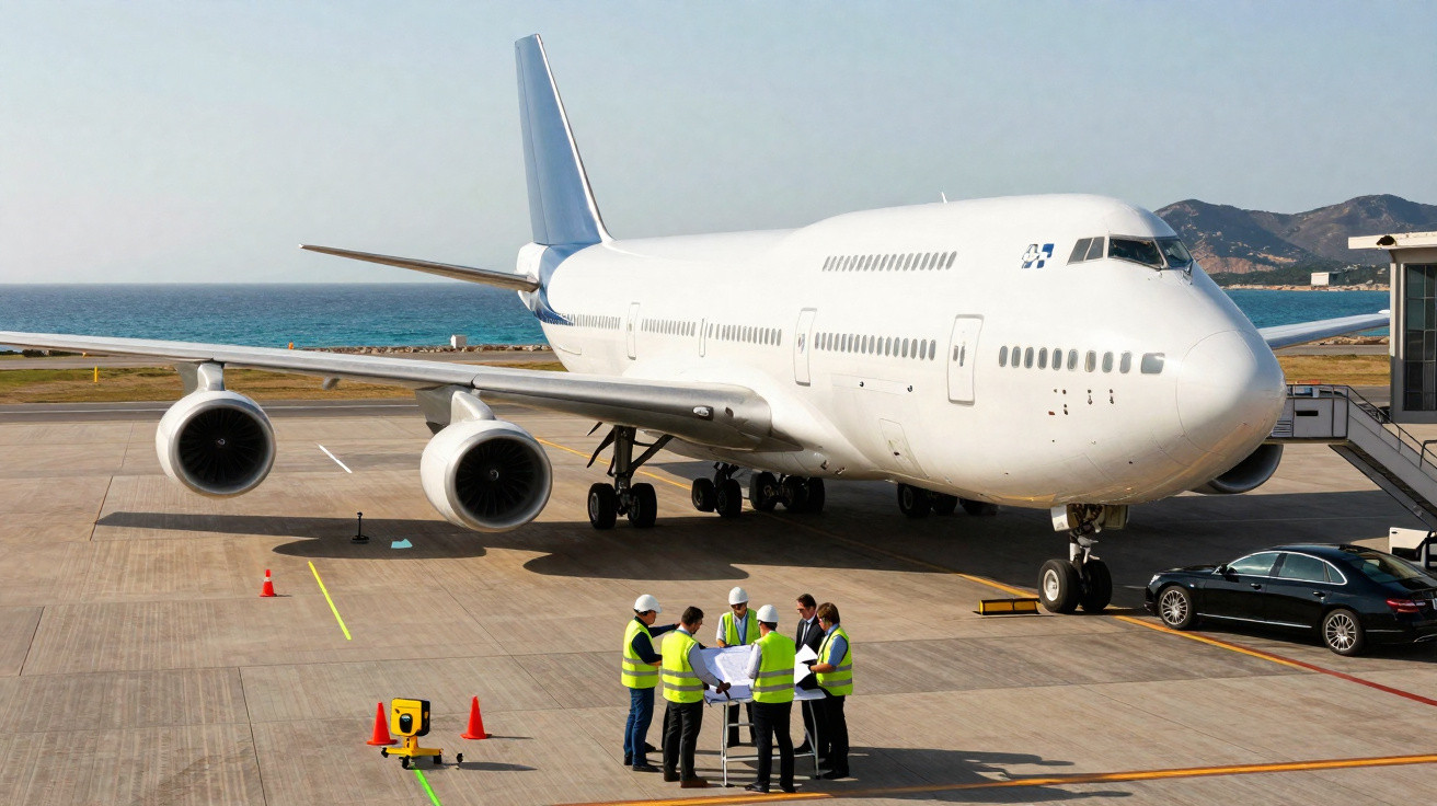 Un avion jumbo blanc stationné sur le tarmac avec six personnes en gilets réfléchissants discutant devant.