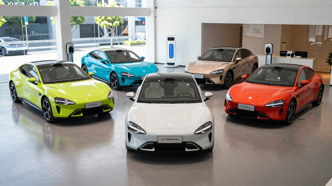 Cinq voitures électriques colorées exposées dans un showroom moderne avec bornes de recharge.
