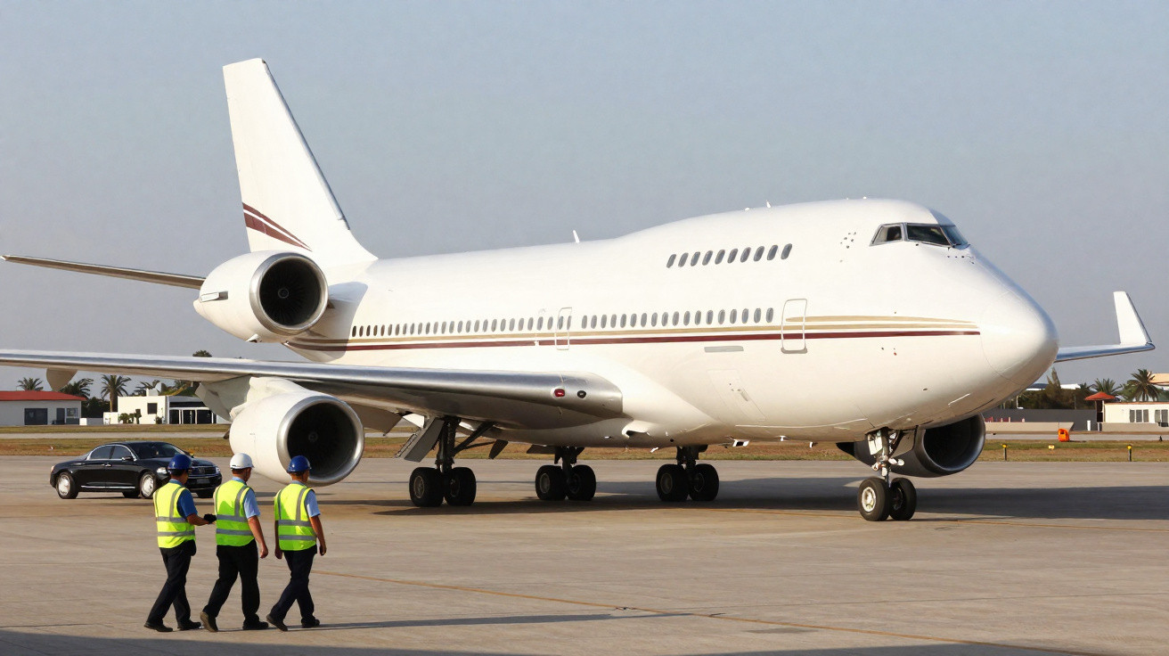 Avion blanc stationné sur le tarmac avec trois agents en gilet réfléchissant marchant à proximité.
